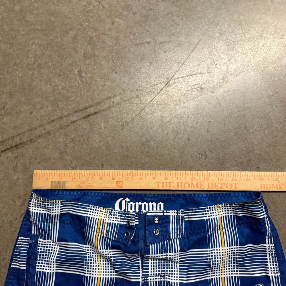Corona Extra Mens Plaid Board Shorts‎ Blue White Swim Trunks Size XL Embroidered